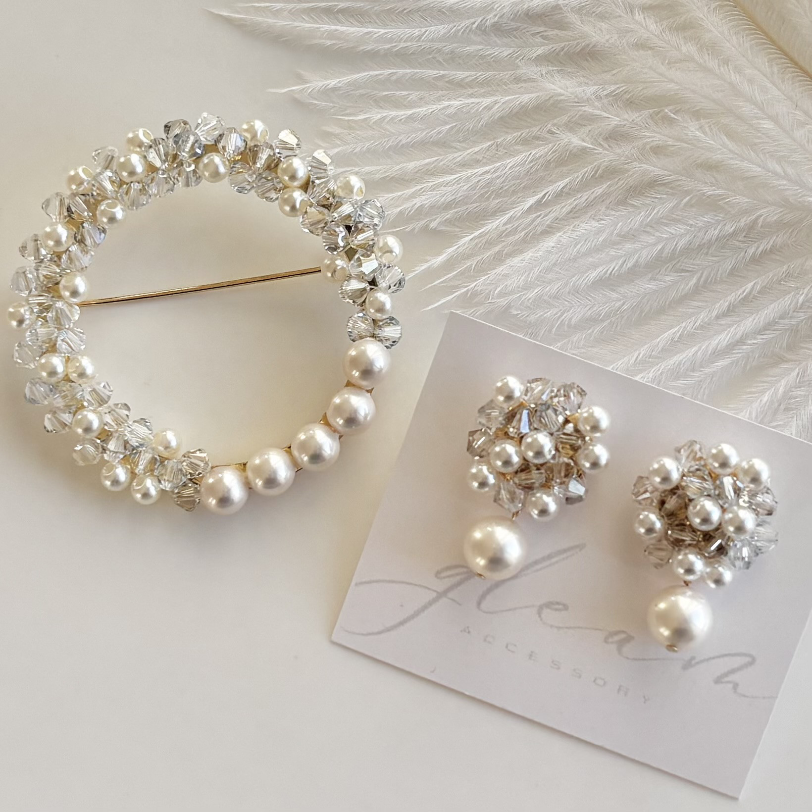 卒業・入学式に｜貝パール×クリスタル コサージュ＆ピアス セット