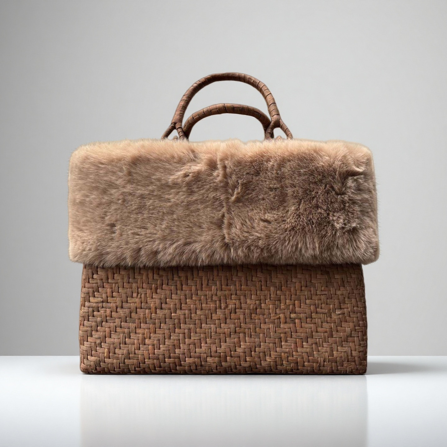 【ファー付】国産山葡萄 手作り かごバッグ 網代編み 極細ひご 内布あり (約)幅32×本体高さ24×マチ12cm