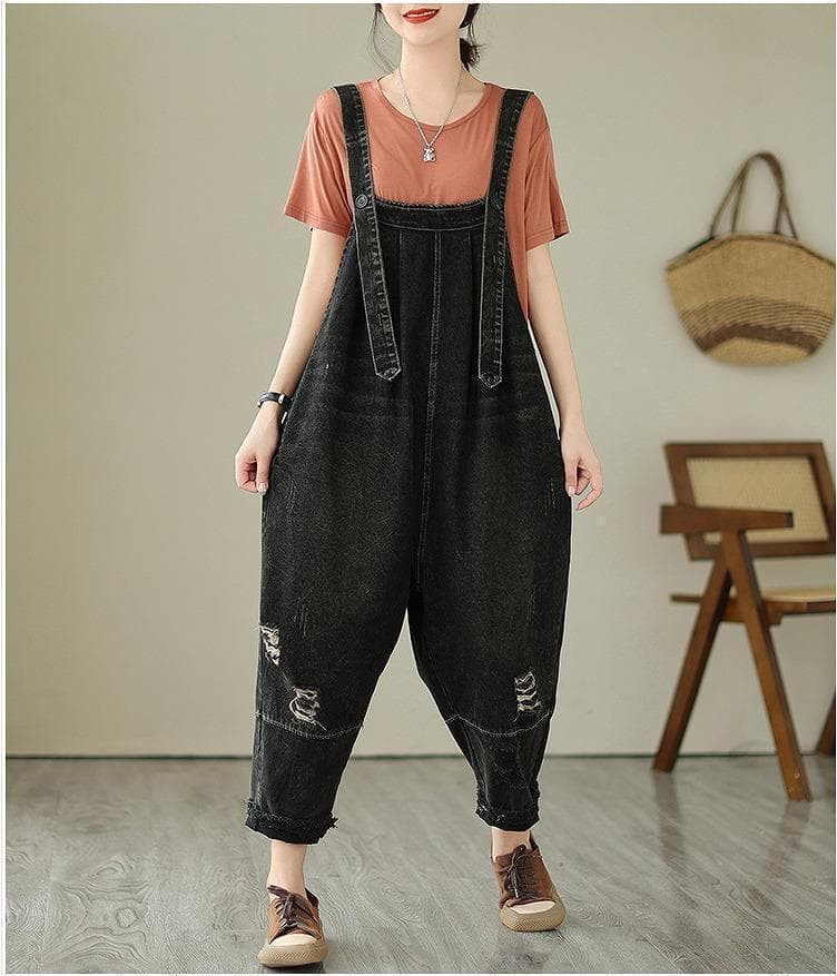 新品 大きいサイズ ダメージデニムサロペット黒ゆったり体型カバー 3Lサルエル