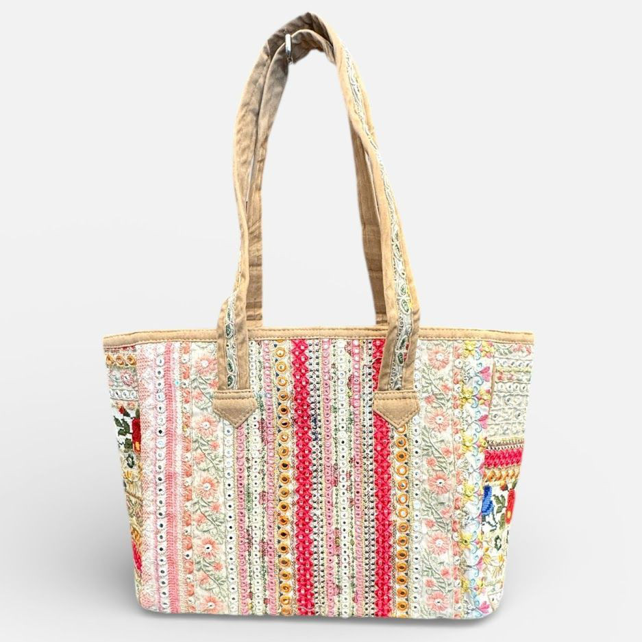 インド刺繍バッグ インド刺繍リボン 全面刺繍 ミラーワーク コットン トートバッグ ハンドバッグ エスニック 手仕事