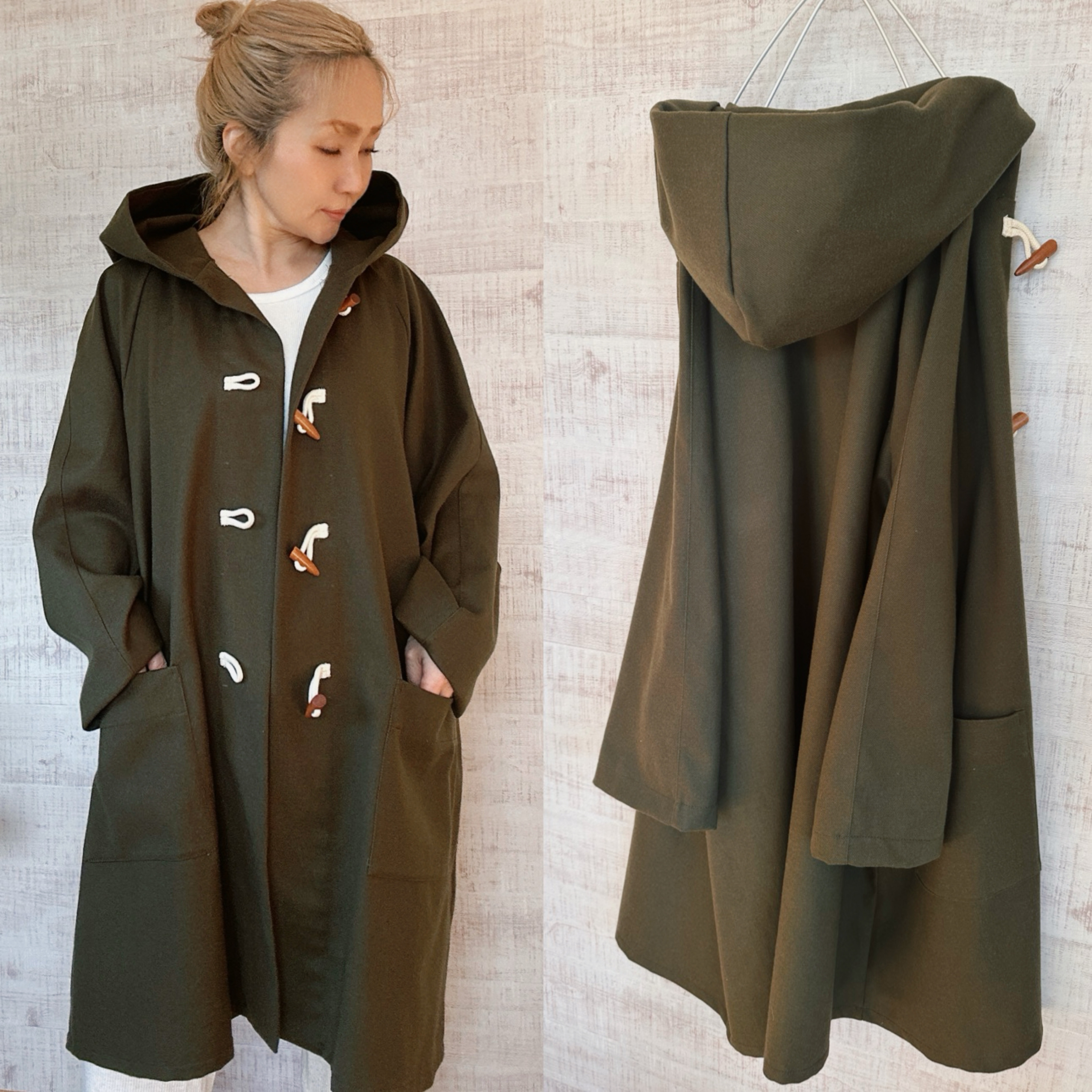 a.myu春　カーキグリーン柔らか素材ダッフルコートオーバーサイズ　脇下ゆったりラグラン袖