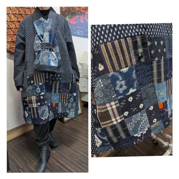 雪ん子と絣色々パッチワーク前開きコート(長襦袢の総裏付き)(絣色々