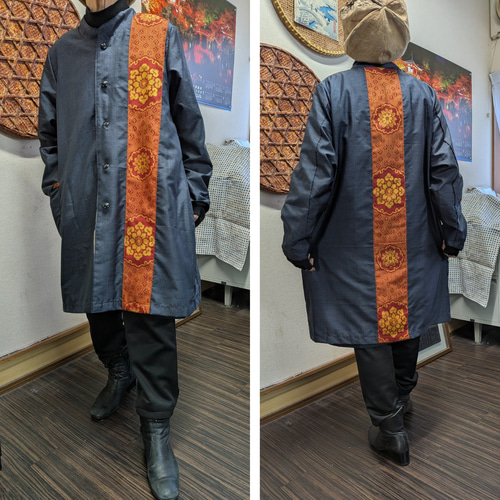 筒がきと大島袖の前開きリバーシブルコート 古布リメイク コート 着物