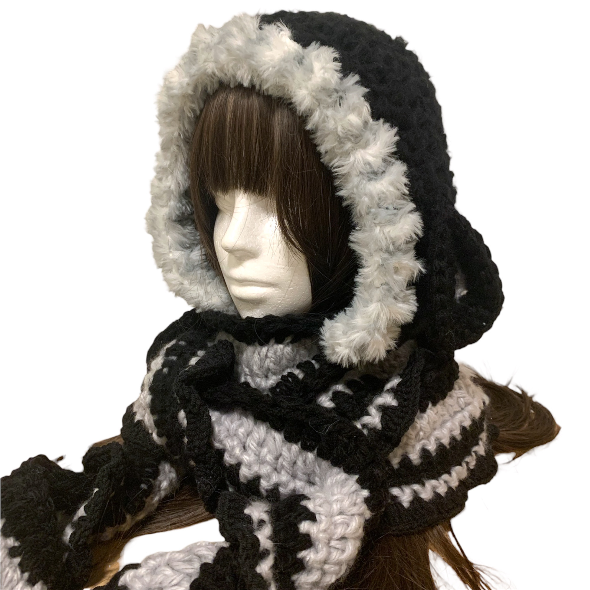 ひつじボンネット　バラクラバ ニット帽　フリル　フード帽　ハンドメイド　フード付きマフラー　現品限り