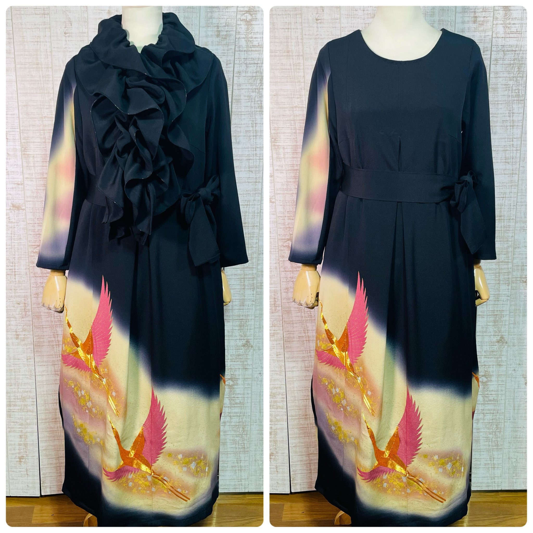 金彩鶴模様刺繍正絹黒留袖ワンピースＬ～ＬＬ＆ギャザーストール