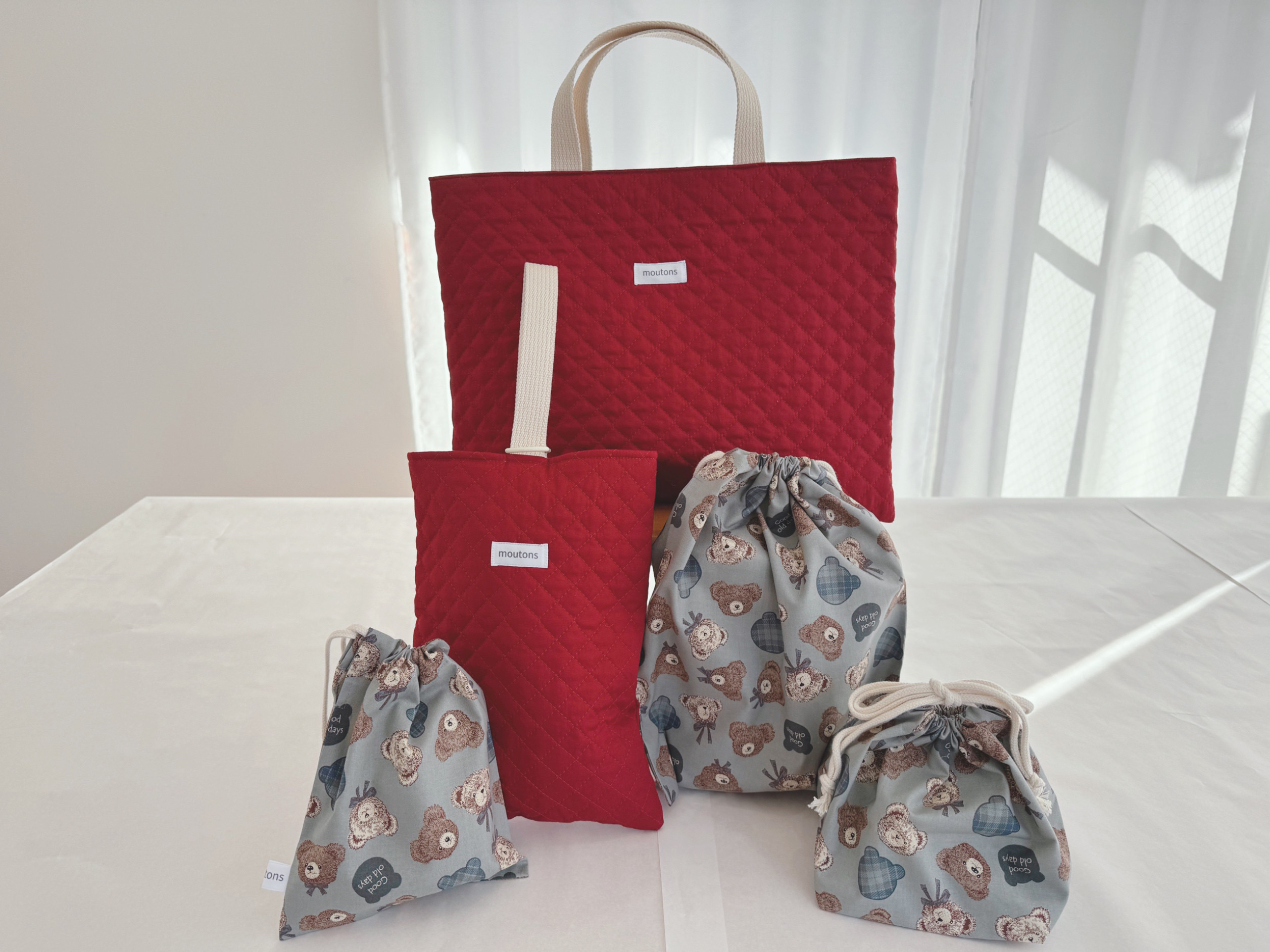 入園入学セット　5点　赤キルティング×くま柄 ブルー   送料無料