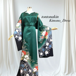 送料無料 着物 リメイク 正絹 縮緬 総絞り 切替 ロングワンピース L