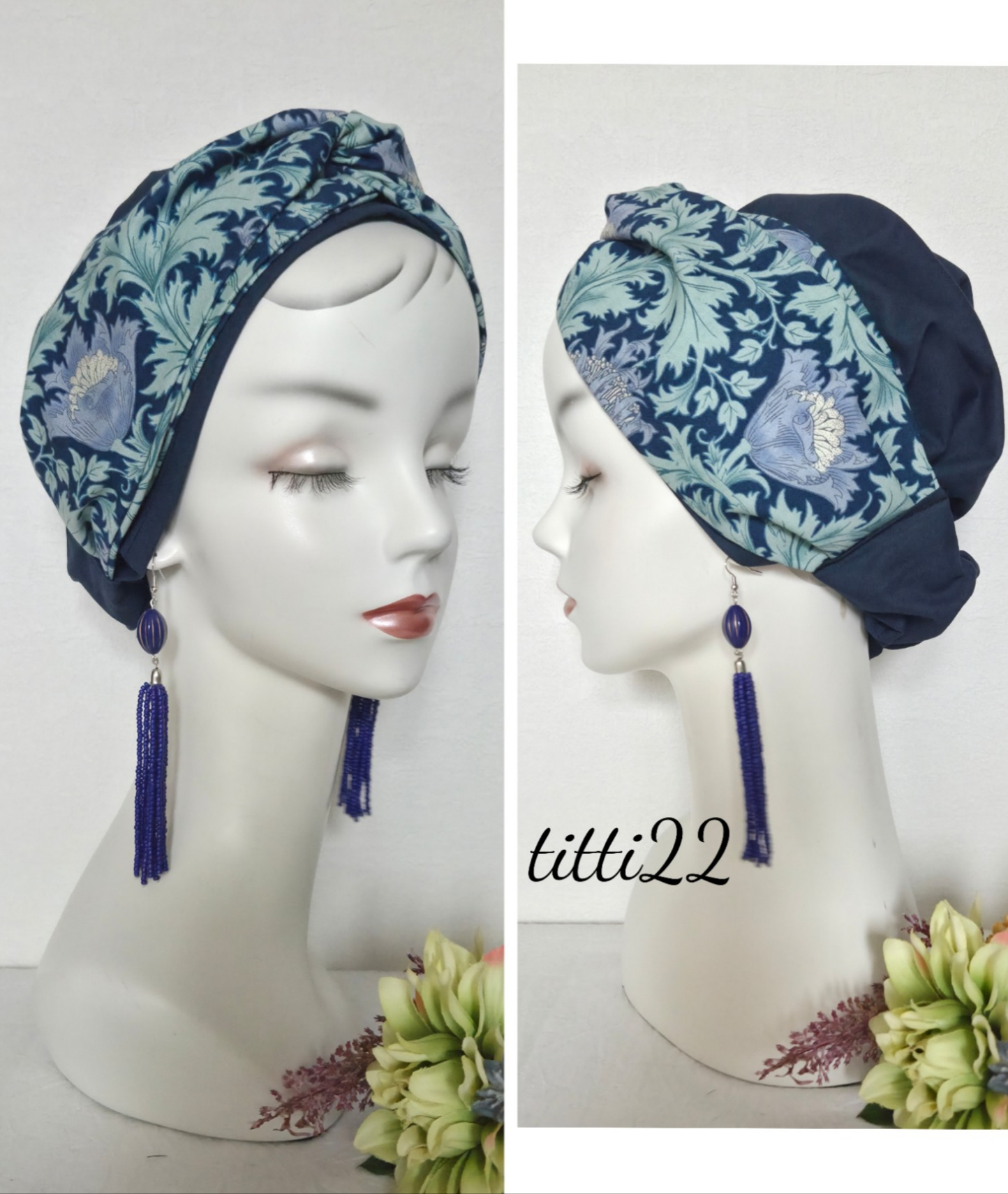 【アネモネ ネイビー】帽子にもなるヘアターバン 医療用帽子　ケアキャップ　料理　三角巾　お菓子づくり