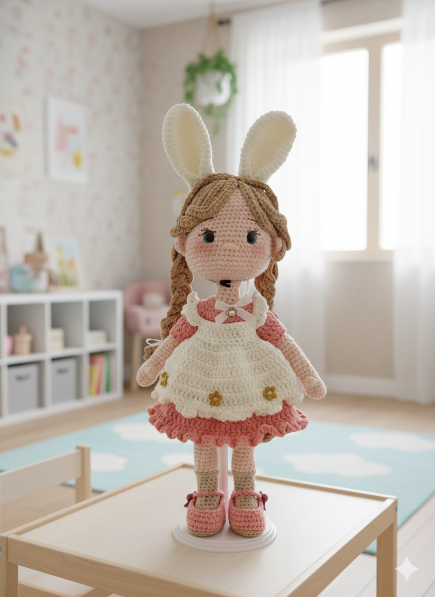 女の子のあみぐるみ|花柄ワンピース|癒しインテリア|可愛い|  【送料無料】うさぎの耳の女の子 カントリードール 5,250円