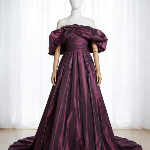 送料無料！カラードレス パープル シルクタフタ オフショルダー 結婚式