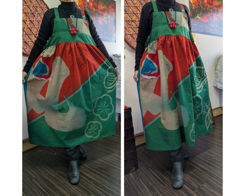 大漁旗の柿渋染めジャンバースカート 古布リメイク チュニック 着物