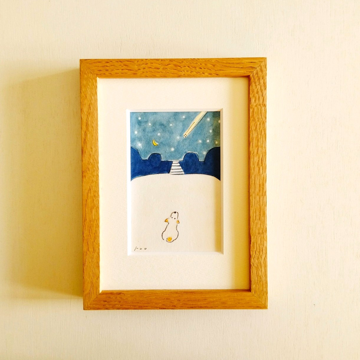 【星に願いをこめて】原画「流れ星」 ※2L木製額縁入り・水彩・インテリアアート・犬の絵