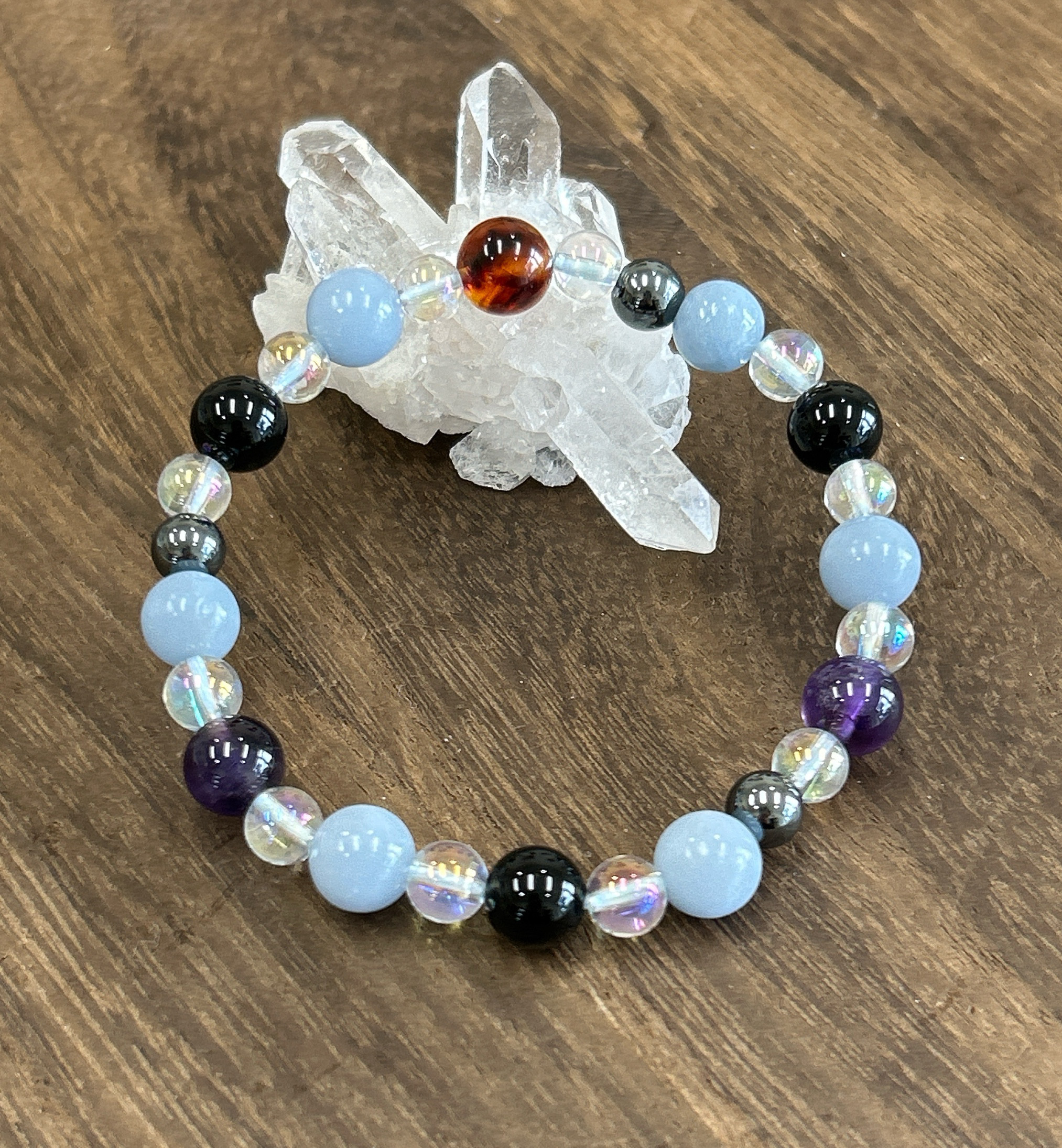 【水瓶座♪エンジェライト&アンバー】星座石お守りブレスレット♪六芒星♪天然石ブレスレット♪送料無料♪