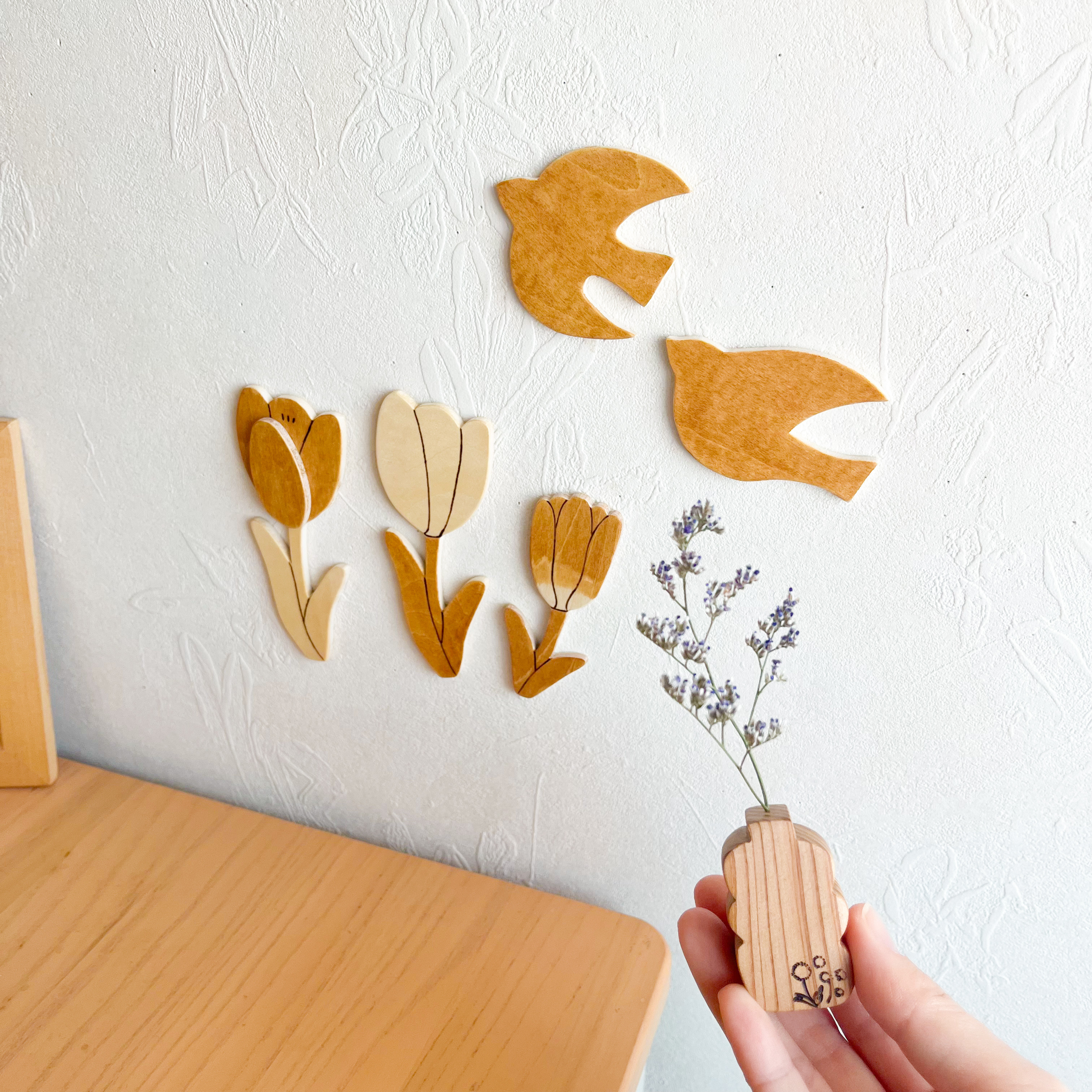 春のインテリアセット「チューリップ」「２羽の鳥さん（ブラウン）」「木のいちりんflower vase」ドライフラワー