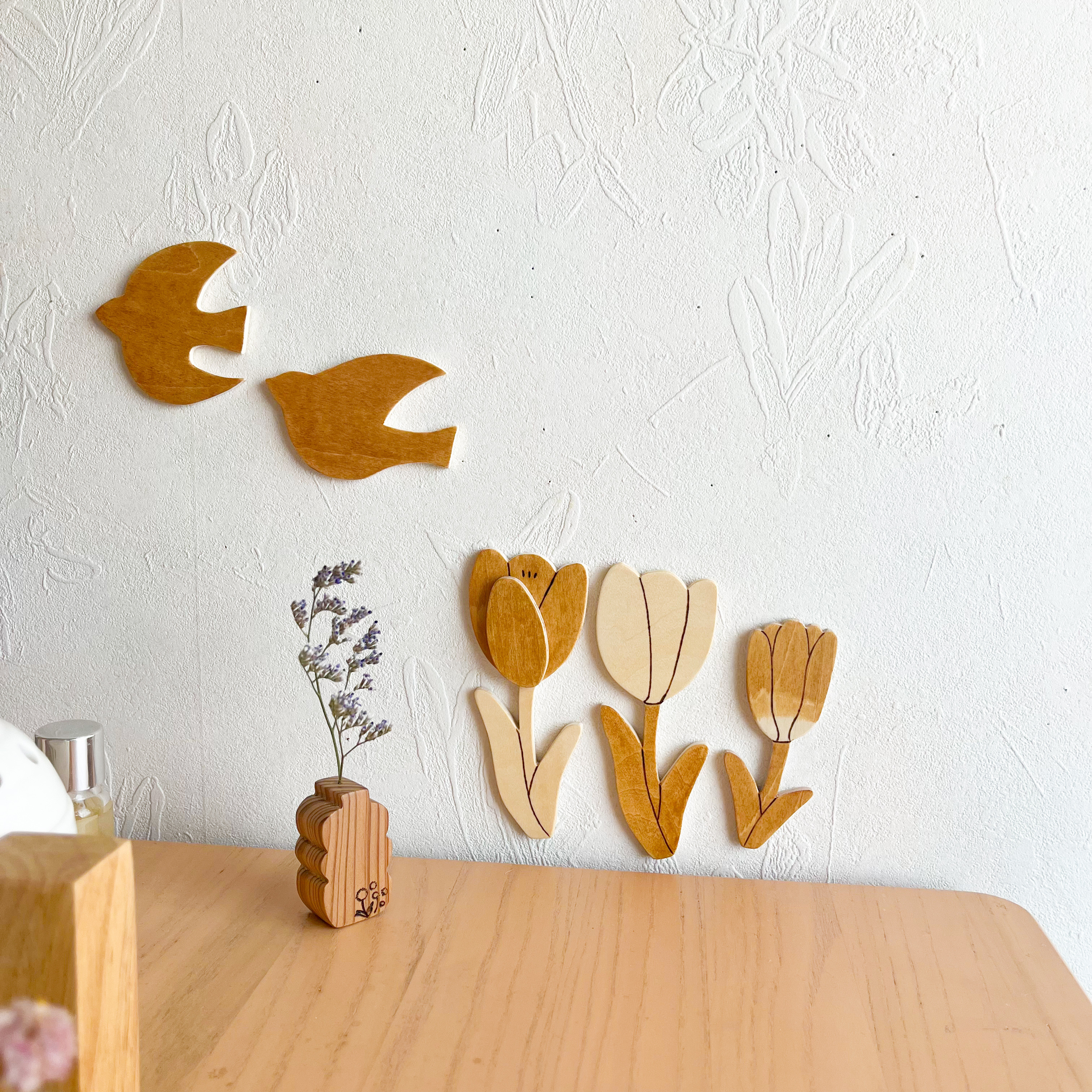春のインテリアセット「チューリップ」「２羽の鳥さん（ブラウン）」「木のいちりんflower vase」ドライフラワー
