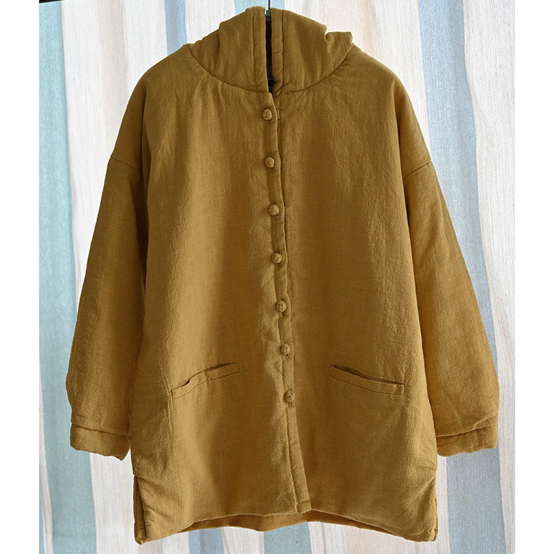 フード付き綿麻コート　チャイナボタン中綿綿麻コート　3色　L757