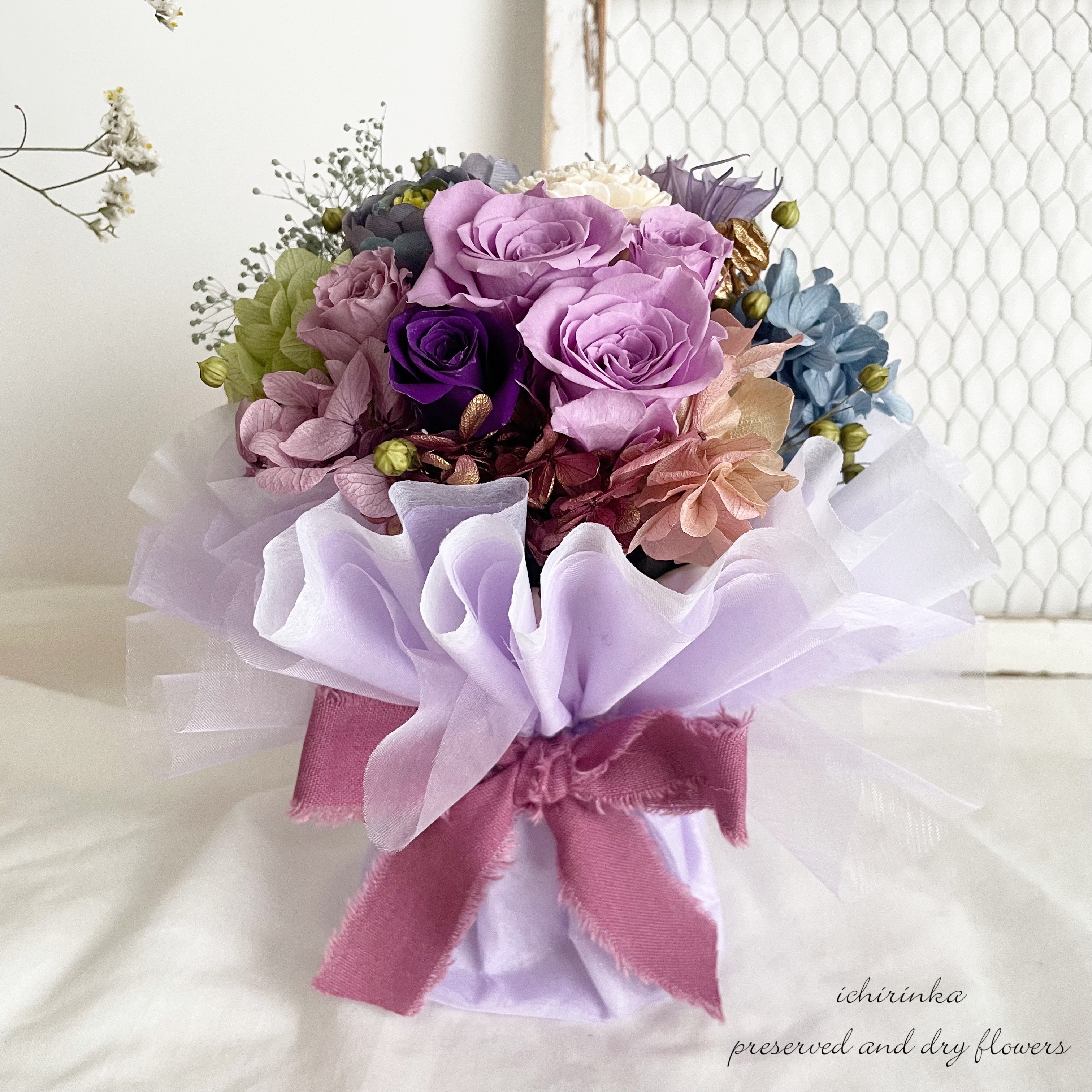 プリザーブドのスタンディングブーケ～パープル～　古希 喜寿 卒寿 開業祝い プロポーズ 退職祝い プリザーブドフラワー
