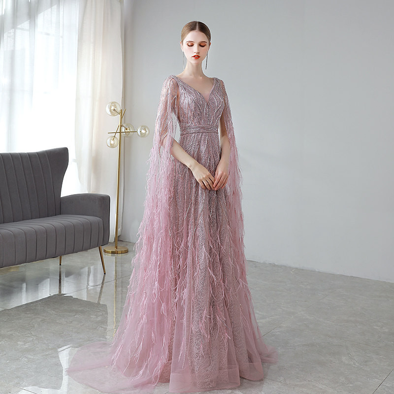 高級感 ピンク 長袖 Vネック パーティードレス 綺麗 花嫁 結婚式 誕生日 演奏会 二次会 前撮り 披露宴 BL044