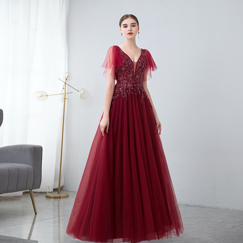 高級 赤 Vネック パーティードレス 綺麗 パーティー 花嫁 結婚式 誕生日 演奏会 二次会 前撮り 披露宴 BL045