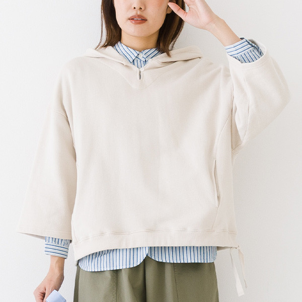 １枚でも重ねても◎ コットンガーゼ裏毛 ドロスト フーディー 8分袖