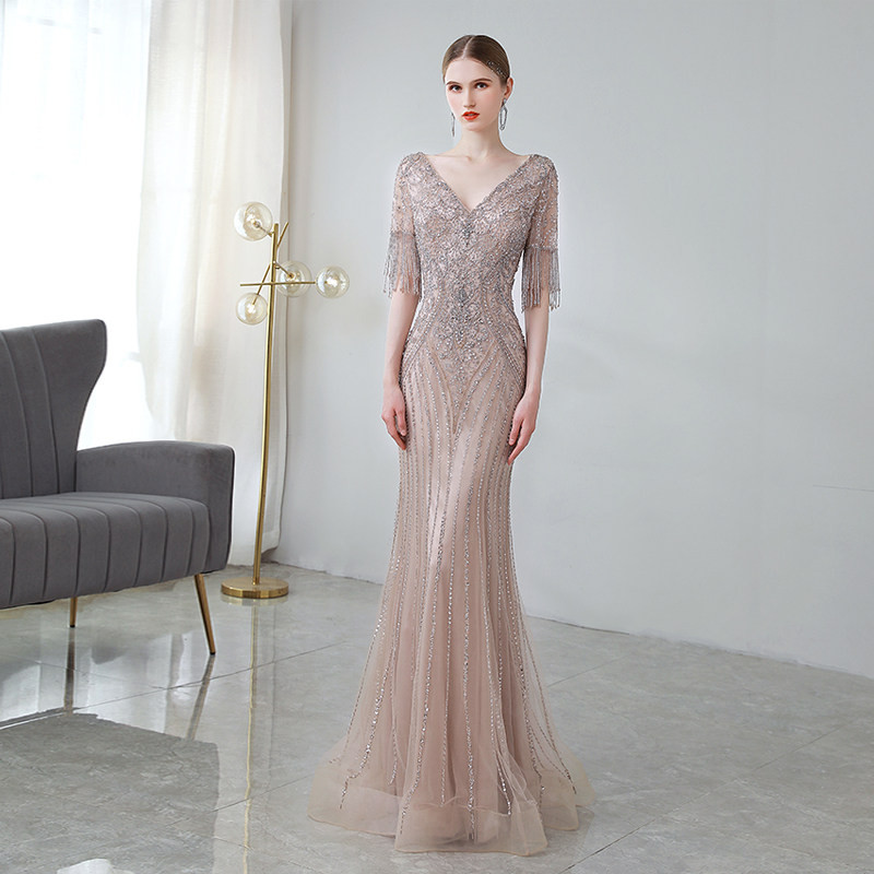 高級感 薄ピンク 半袖 きらきら マーメイドドレス 優雅 パーティー 誕生日 演奏会 二次会 前撮り 披露宴 BL047