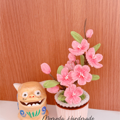モールフラワー 桃の花の鉢植え ピンク ハンドメイド ひな祭り
