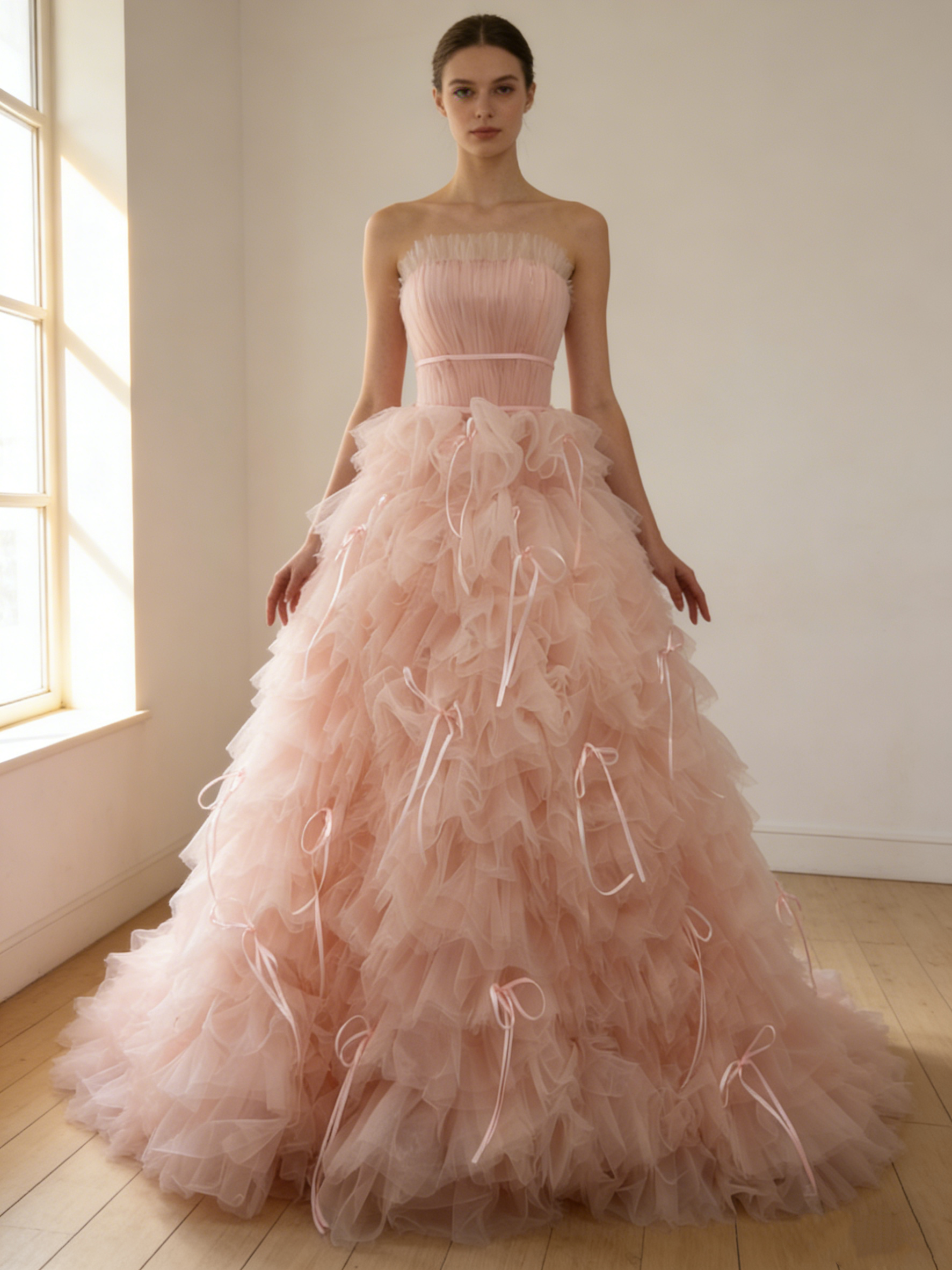 送料無料！カラードレス ピンク もこもこドレス リボン 編み上げ 披露宴/結婚式 花嫁/ウェディングドレ 可愛い