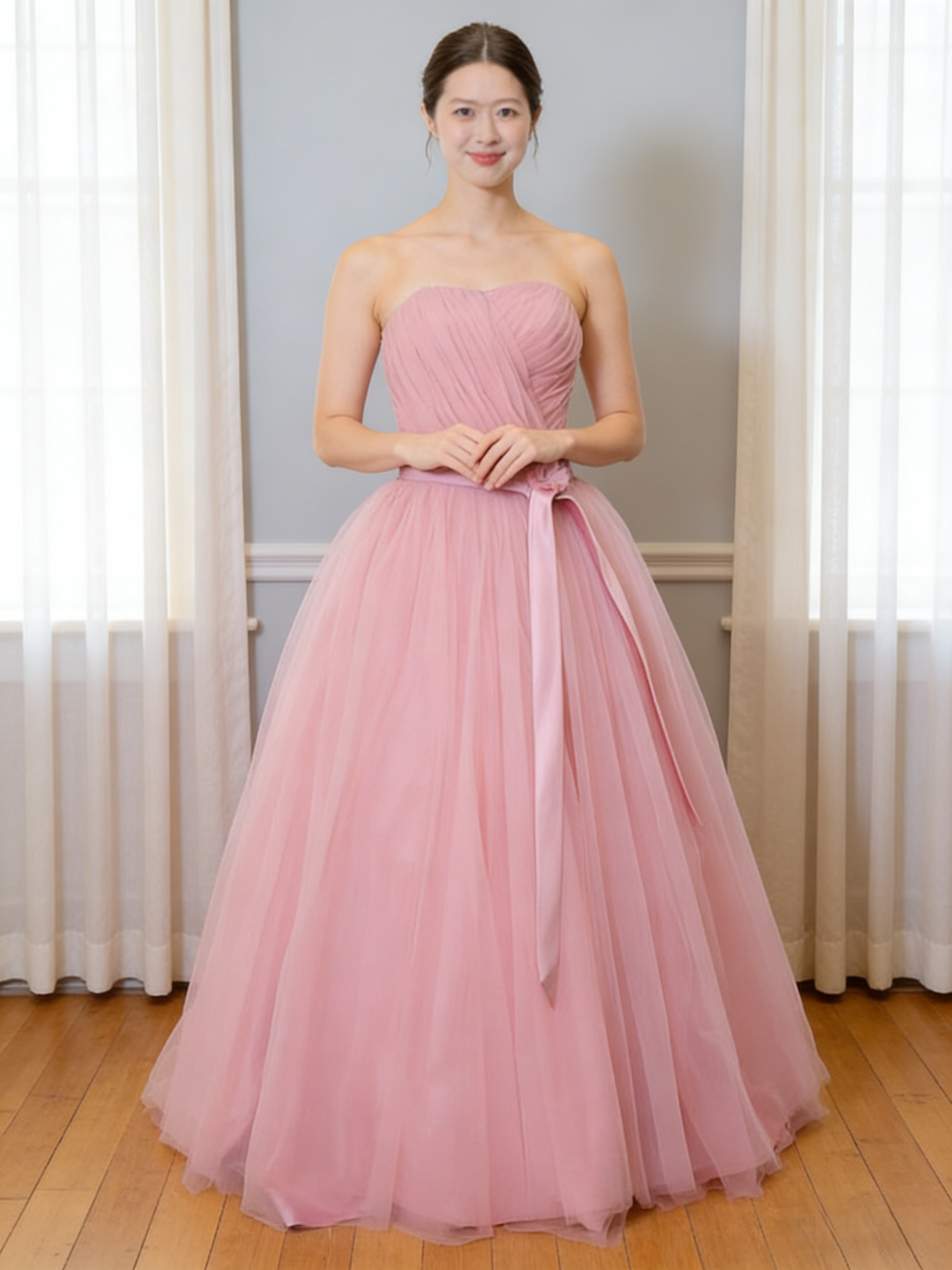 カラードレス ピンク チュールスカート サッシュベルト 細見えシルエット ロング 編み上げ 演奏会