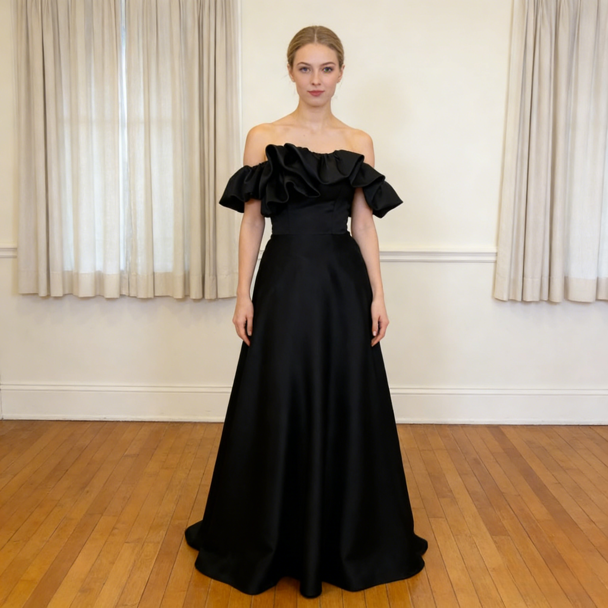 パーティードレス ブラック オフショルダー ストレッチ 光沢サテン ミニトレーン 編み上げ 謝恩会