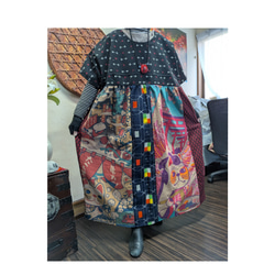 鯉のぼり(木綿)(手書き金太郎柄)の柿渋染めワンピース 古布リメイク