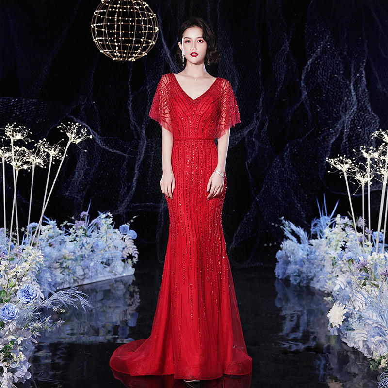 豪華 赤 半袖 裾引き きらきら マーメイドドレス 優雅 パーティー 誕生日 演奏会 二次会 前撮り 披露宴 BL054