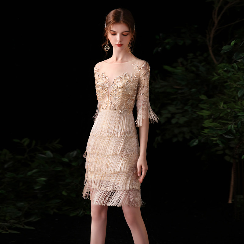 豪華 シャンパン色 五分袖 きらきら ショート丈 パーティードレス 誕生日 演奏会 二次会 前撮り 披露宴 BL055