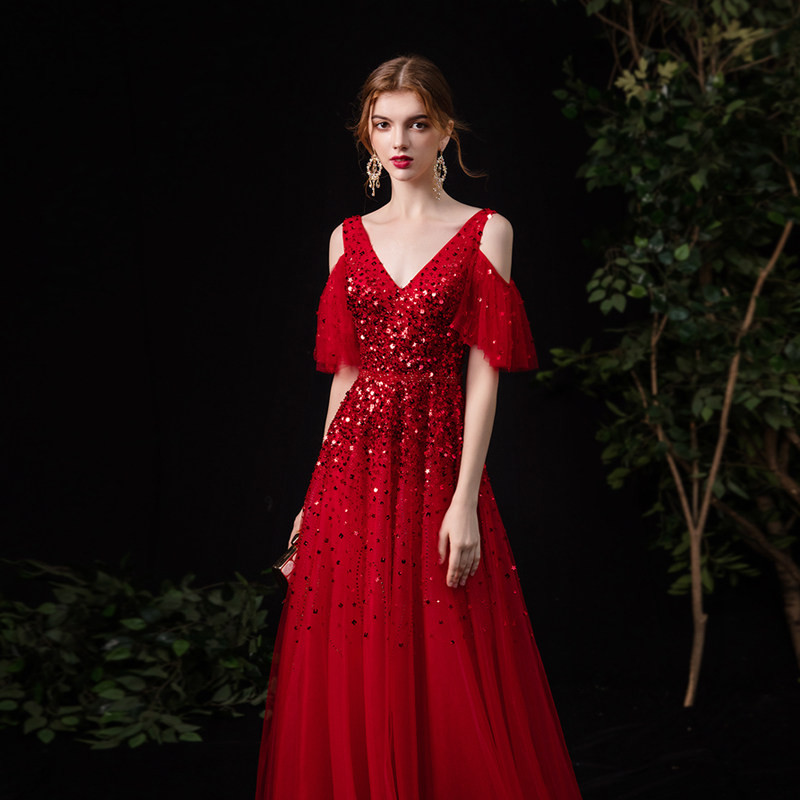 高級感 赤 Vネック スパンコール きらきら パーティードレス 花嫁 演奏会 二次会 前撮り 披露宴 BL059