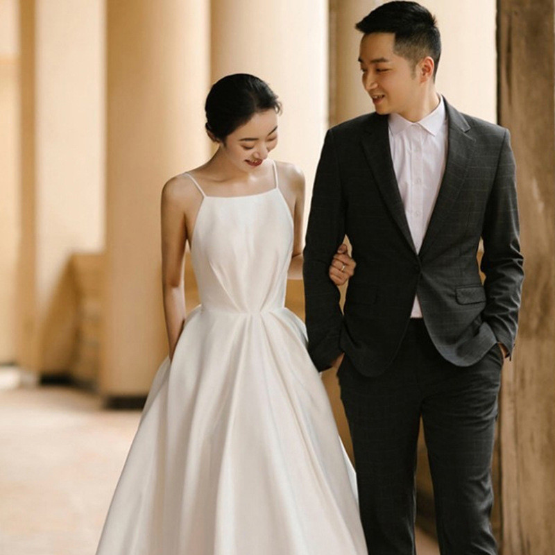 高級感 白黒 ノースリーブ ウェディングドレス シンプル 韓国風 花嫁 パーティー 披露宴 二次会 前撮り HL1401