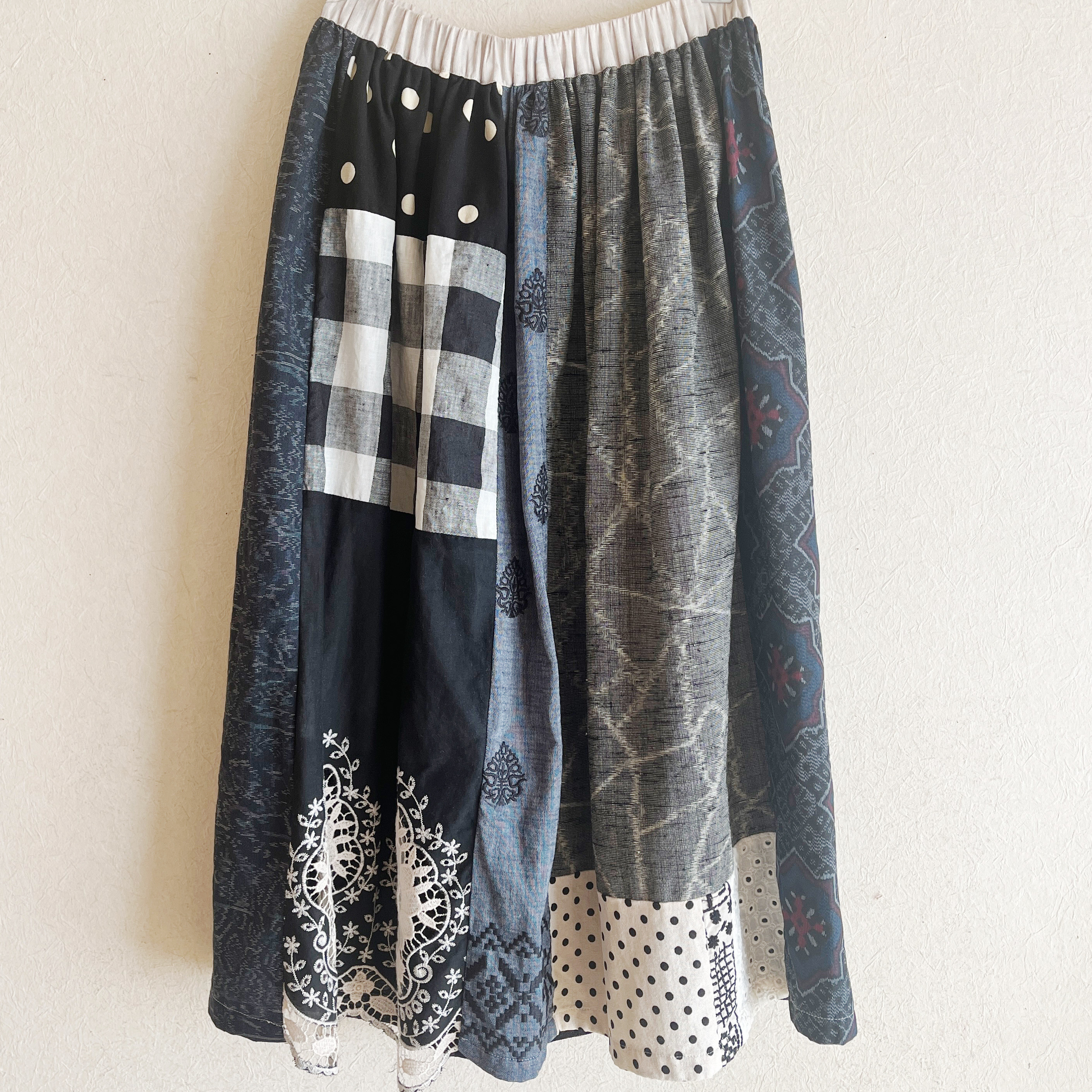 古布 むら染め布 刺繍布 パッチワーク ギャザースカート フリーサイズ