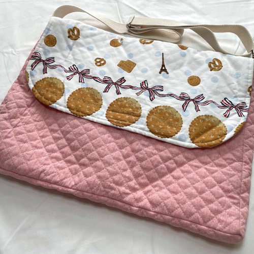 図書袋 ショルダー付き クッキー×くすみピンク 図書バッグ 入園入学