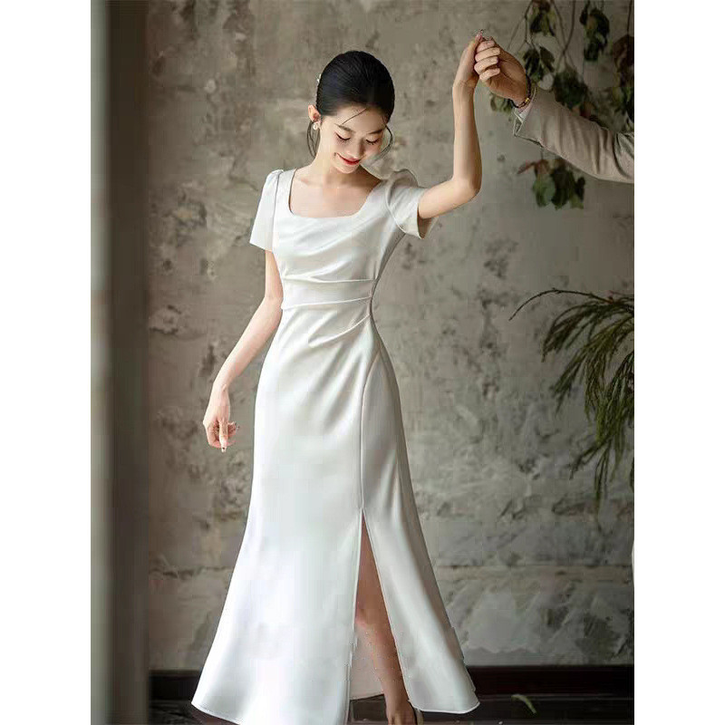 高級感 白黒 半袖 スリム ウェディングドレス シンプル 韓国風 花嫁 パーティー 披露宴 二次会 前撮り HL1403