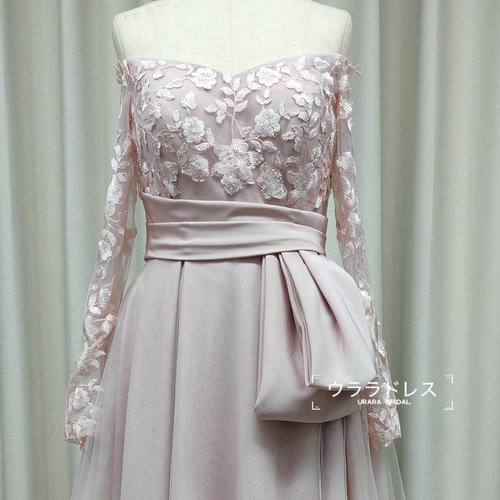 ピンクレース刺繍 オフショルダー ロングドレス｜前撮り・二次会・演奏