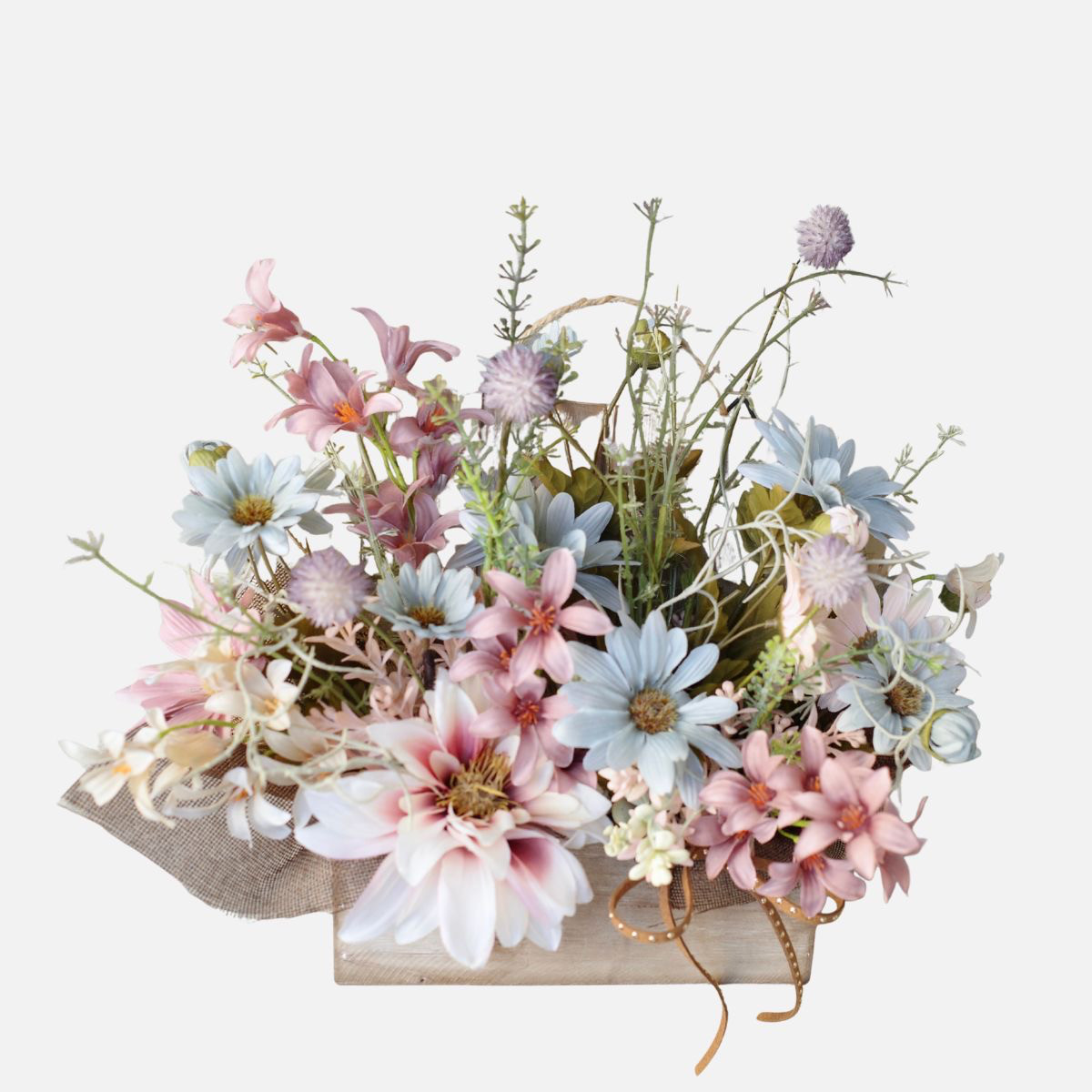 くすみカラーの2WAYフラワーアレンジ｜置いても掛けても楽しめる ナチュラル木製BOX（造花）