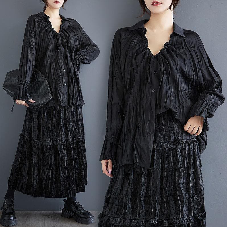 大きいサイズ トップス　くしゅくしゅ　レディース 秋冬　春 新品 長袖　ブラック