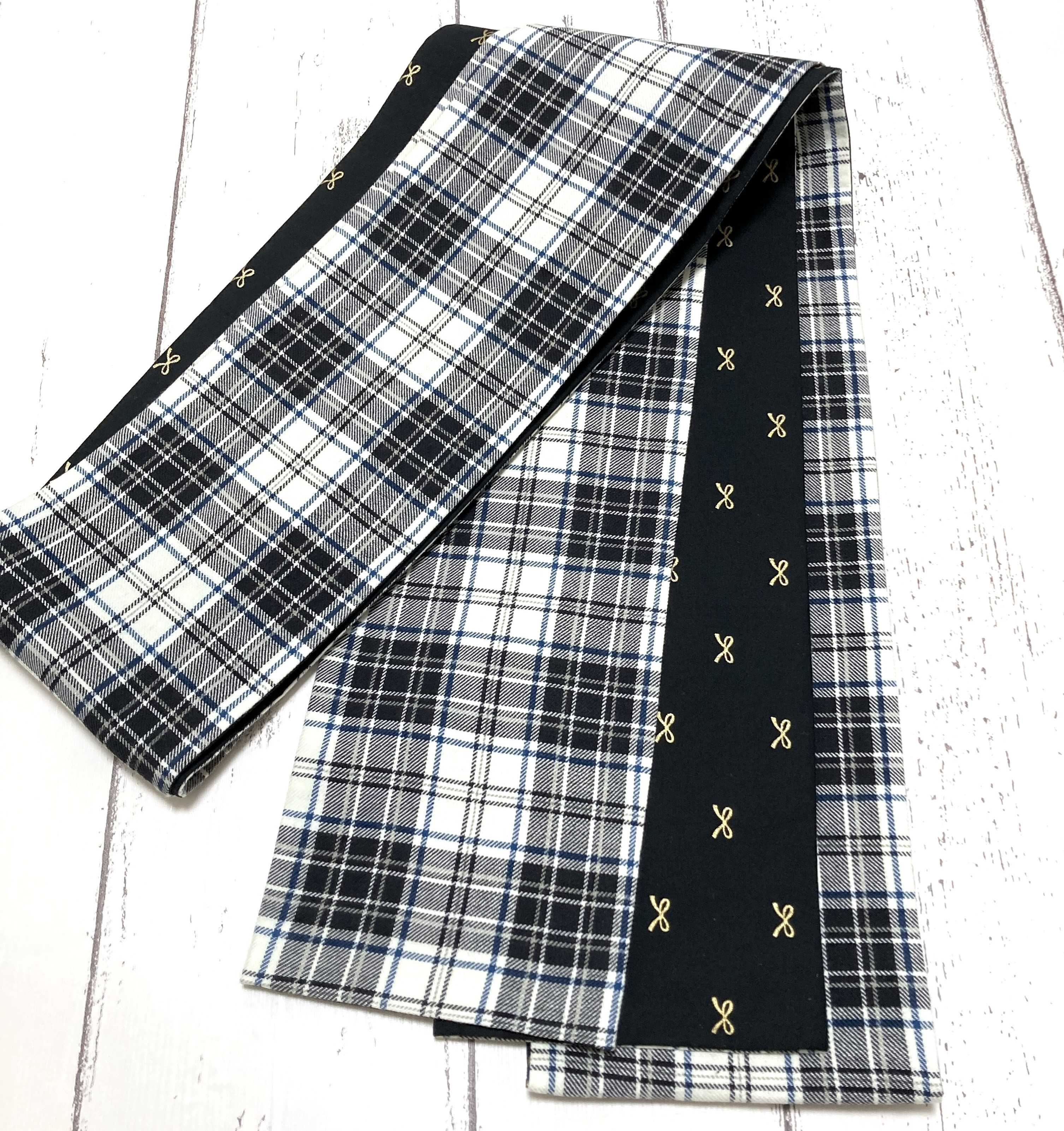 ＊新作＊インドネルコットン・リバーシブル半幅帯【タータンチェック×ラメリボン】マドラスツイル/木綿/ﾙﾂﾎﾞる壺＋＋＋