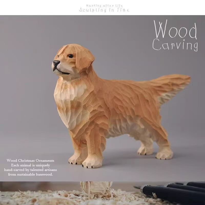 手作り木彫り、立体で可愛いゴールデンレトリバー デスクマスコット