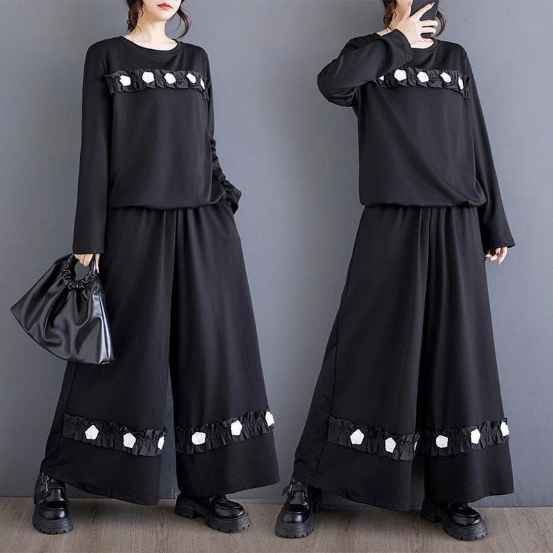 新品 大きいサイズ4L セットアップ 秋冬黒レトロ ゆったり ワイドパンツe