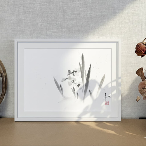日本水仙-雪の汀にて- Narcissus in Snow｜水墨画［半紙］額装済 絵画