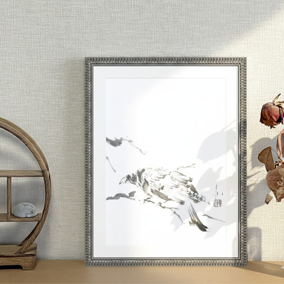 まつろわぬカラス-1- The untamed Crow-1-｜水墨画［半紙］額装済 絵画