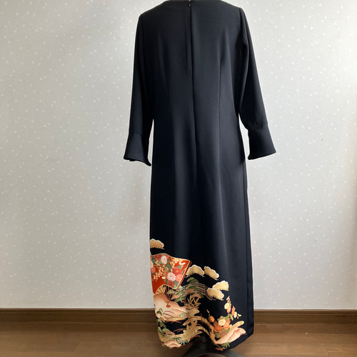 No.169ロングワンピースM〜L11号留袖ドレス着物リメイク袖口フリル