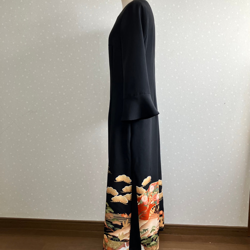 No.169ロングワンピースM〜L11号留袖ドレス着物リメイク袖口フリル