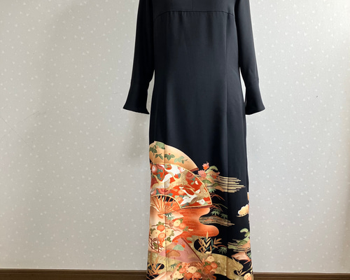 No.169ロングワンピースM〜L11号留袖ドレス着物リメイク袖口フリル