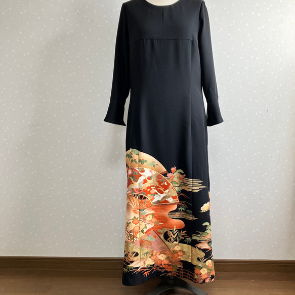 No.169ロングワンピースM〜L11号留袖ドレス着物リメイク袖口フリル