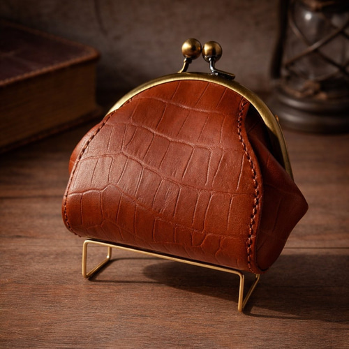 本革 がま口コインケース｜ワニ柄型押し｜カード収納可 小銭入れ